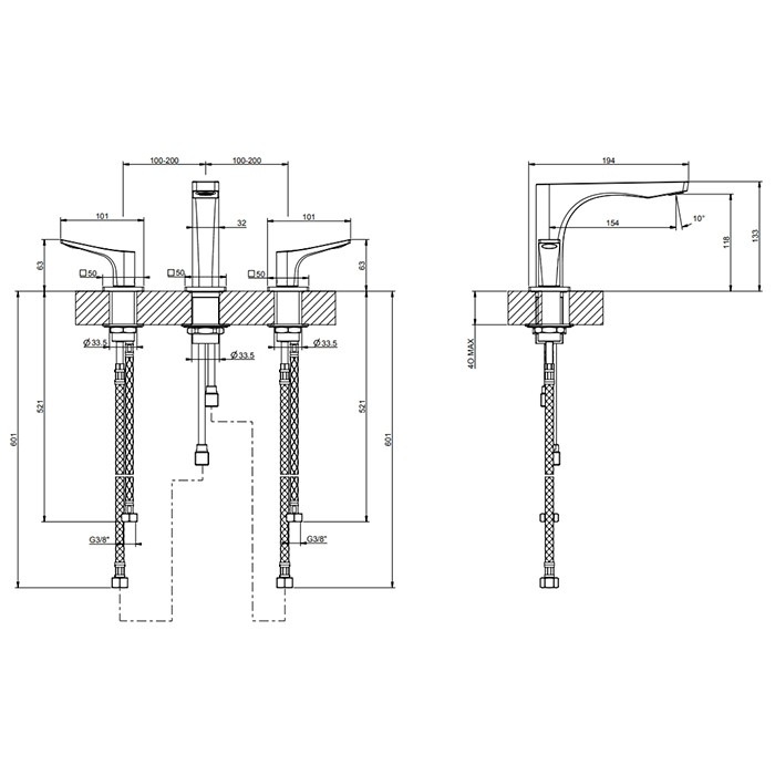 Смеситель для раковины на 3 отв. без донного клапана h=125мм, излив 154мм, Gessi Rilievo, gold brushed ccp арт. 59012#087
