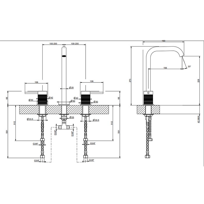 Смеситель для раковины на 3 отверстия, без донного клапана, излив 156мм, h=269мм, Gessi 316, brushed black metal pvd арт. 54311#707