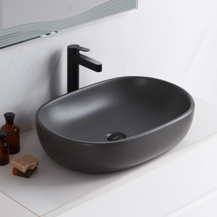 Раковина накладная керамическая 600x420x140, овальная, BelBagno, матовый серый арт. BB1084-H311