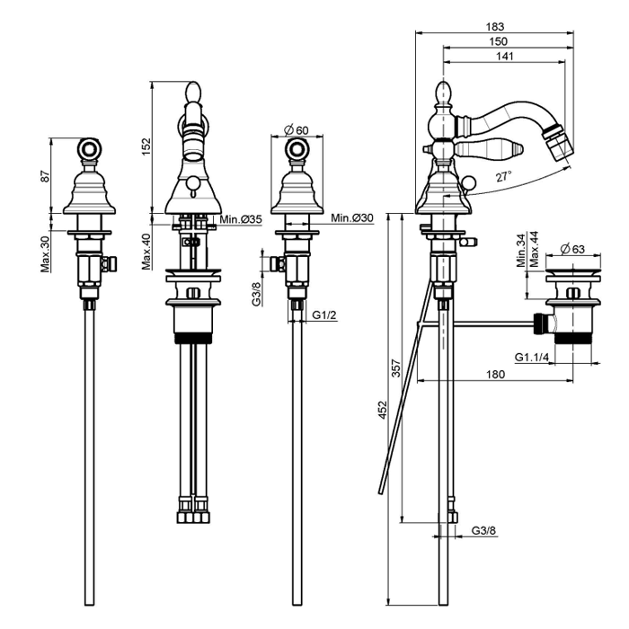 Fima Carlo Frattini Смеситель на биде на 3 отв., с вращающимся изливом, Herend, F5402BR цвет: бронза