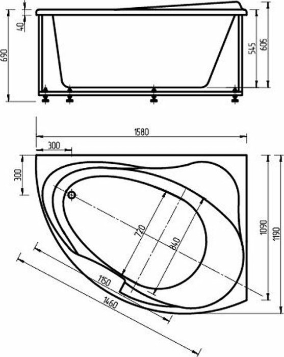 Ванна прав. с фронтальным экраном (вклеенный каркас) Aquatek Альтаир арт. ALT160-0000047
