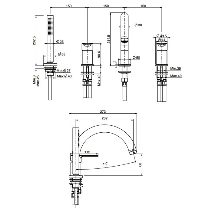 Fima Carlo Frattini Смеситель на борт ванны, на 4 отв., с ручным душем, Mast, F3144NOR цвет: золото