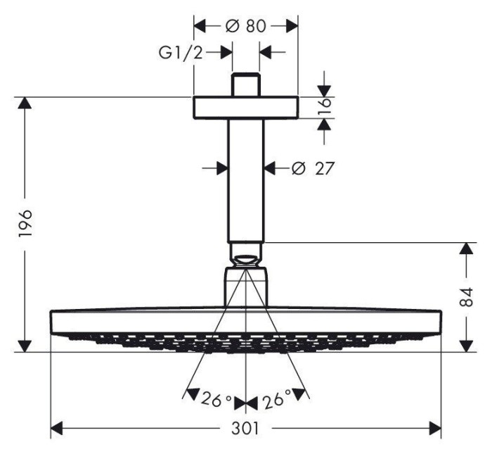 Верхний душ с потолочным кронштейном Raindance Select S Hansgrohe, хром арт. 27337000