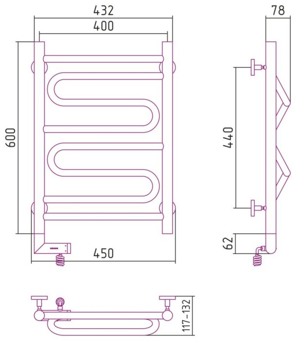 Сунержа Электрический полотенцесушитель 1000x300, Элегия 2.0, 00-5218-6040 цвет: без покрытия