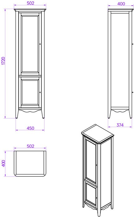 Колонна напольная с 2-мя дверцами, 3-мя стеклянными полками, доводчиками blum, ручки бронза, sx - петли слева, Veronica Nuovo noce, Tiffany World - VER2050S-N