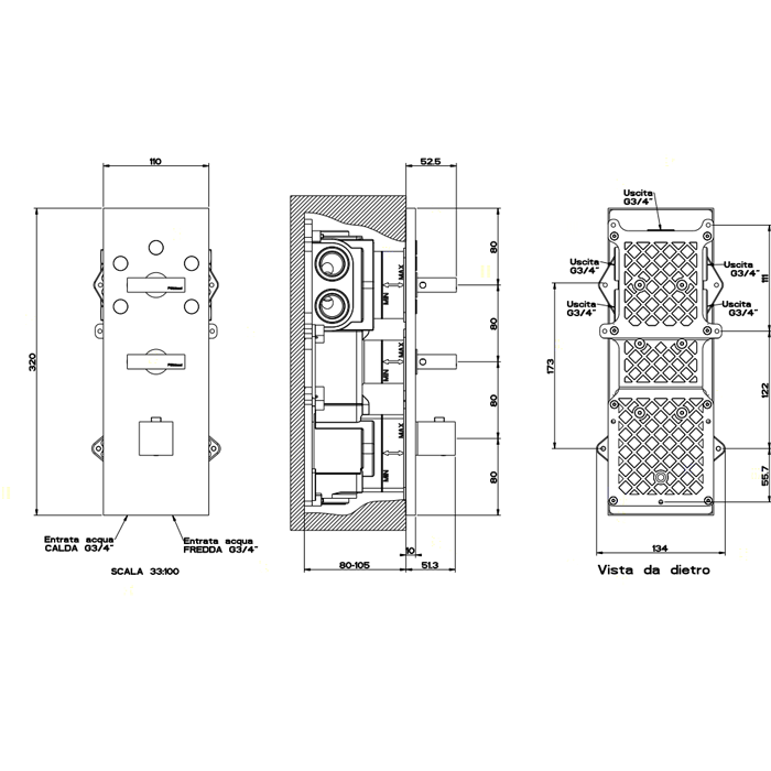 Встраиваемый термостатический смеситель, подключение на 3/4”, с 5ю выходами и селектором, Gessi Rettangolo, хром арт. 43032#031