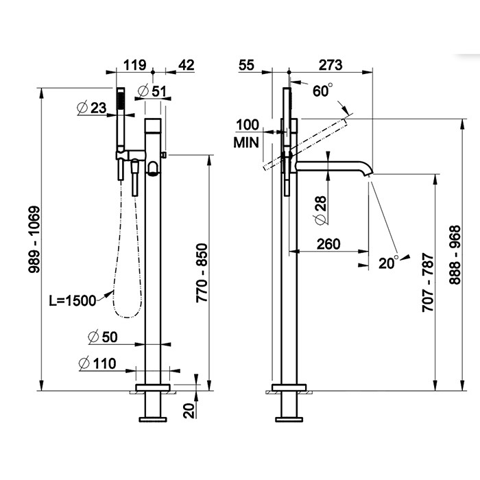 Смеситель для ванны, напольный, с ручным душем, Gessi Habito Unito, хром арт. 70028#031