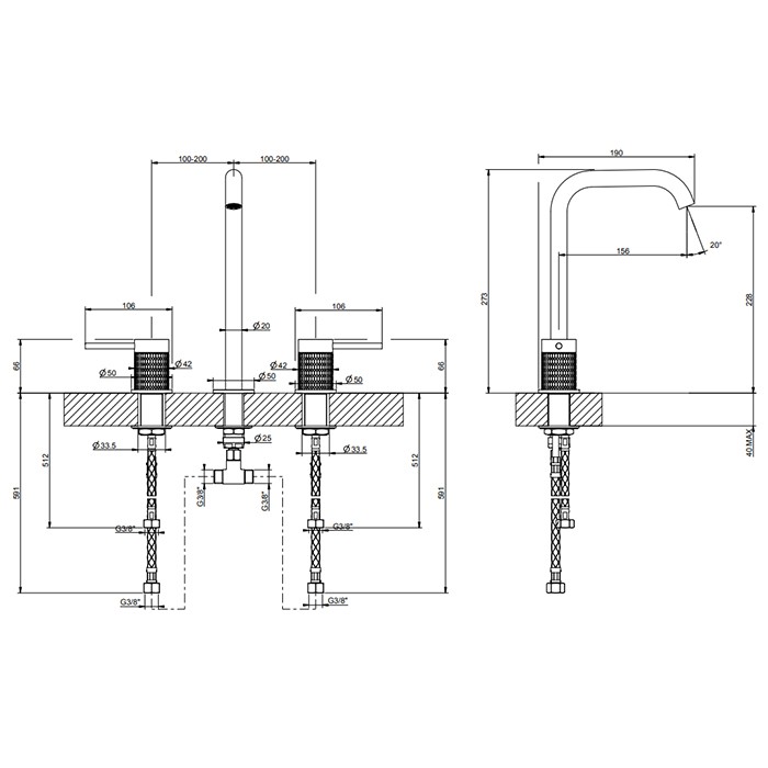 Смеситель для раковины на 3 отверстия, без донного клапана, излив 156мм, h=269мм, Gessi 316, brushed black metal pvd арт. 54211#707