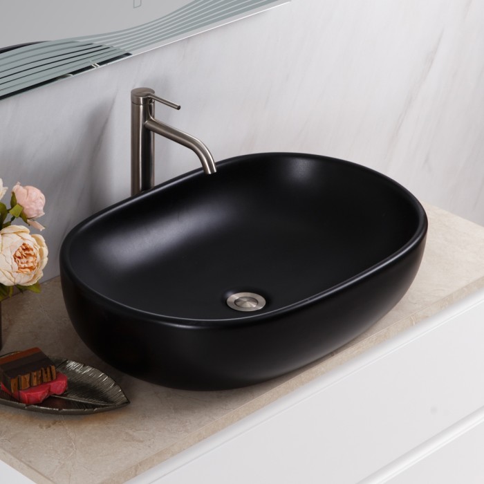 Раковина накладная керамическая 600x420x140, овальная, BelBagno, матовый черный арт. BB1084-H301