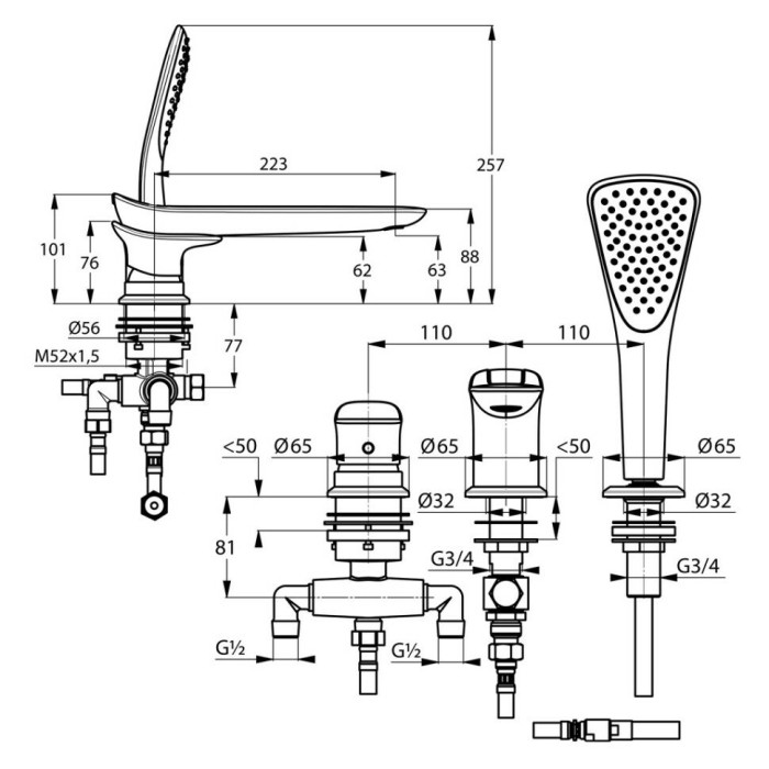 Однорычажный смеситель для ванны и душа dn15, на 3 отверстия, ambienta Kludi, хром - 534470575