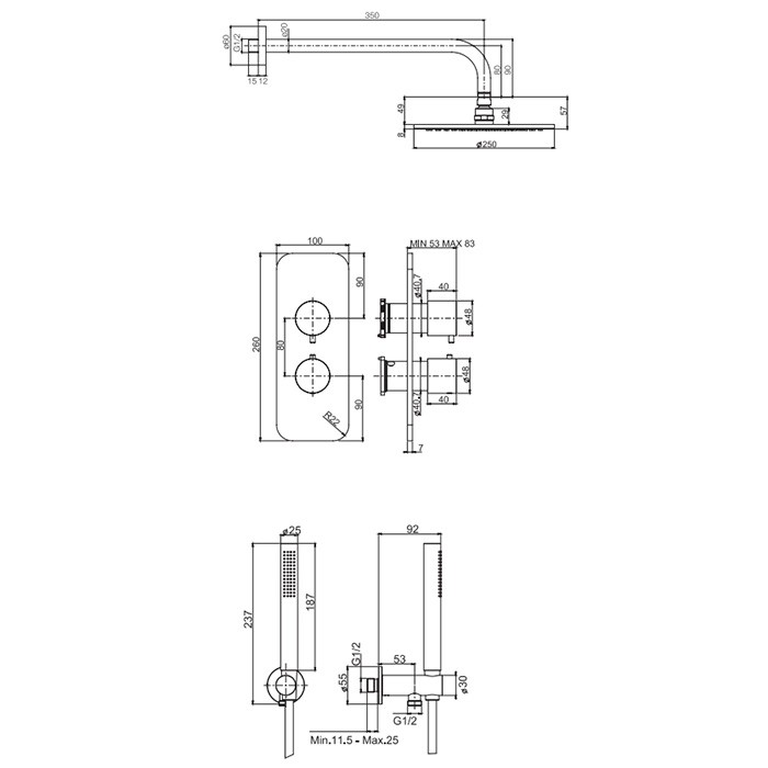 Fima Carlo Frattini Душевая система, верхний душ 25см., со смесителем и ручным душем, на 2 источника, Sistemi doccia, F4409OR цвет: хром