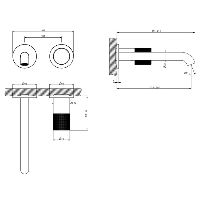 Смеситель для раковины, настенный, Gessi Habito Diamantao, black metal pvd арт. 70688#706