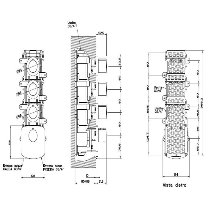 Встраиваемый термостат для душа, с 3мя независимыми выходами, верт/гориз установка, Gessi Tondo, хром арт. 43236#031