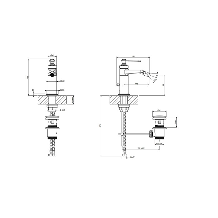 Смеситель для биде на 1 отверстие, однорычажный, в комплекте с донным клапаном, Gessi Venti20, черный матовый арт. 65007#299