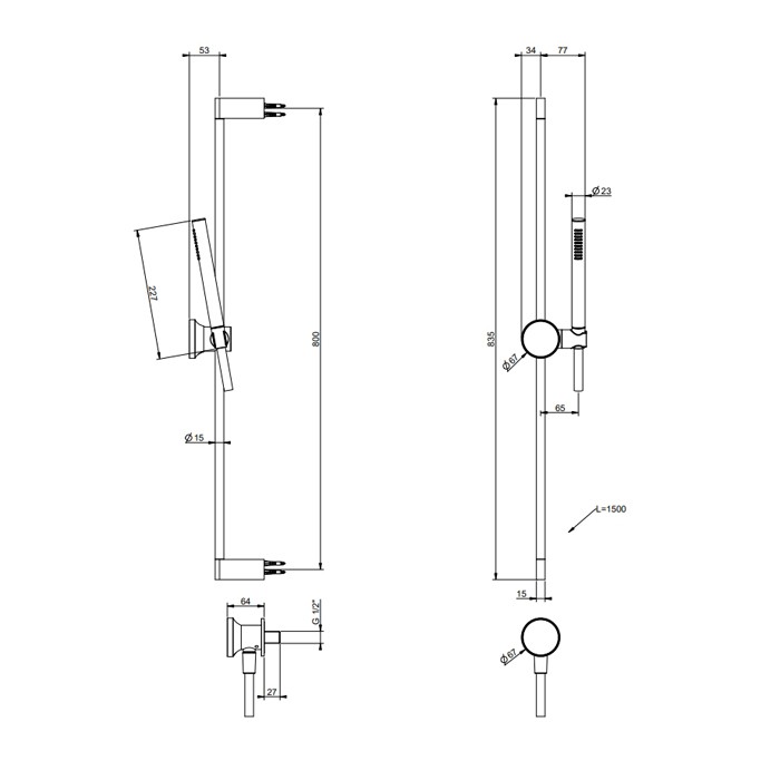 Штанга в комплекте с душевой лейкой, шланг 1500 мм и вывод воды, Gessi Origini, хром арт. 66142#031