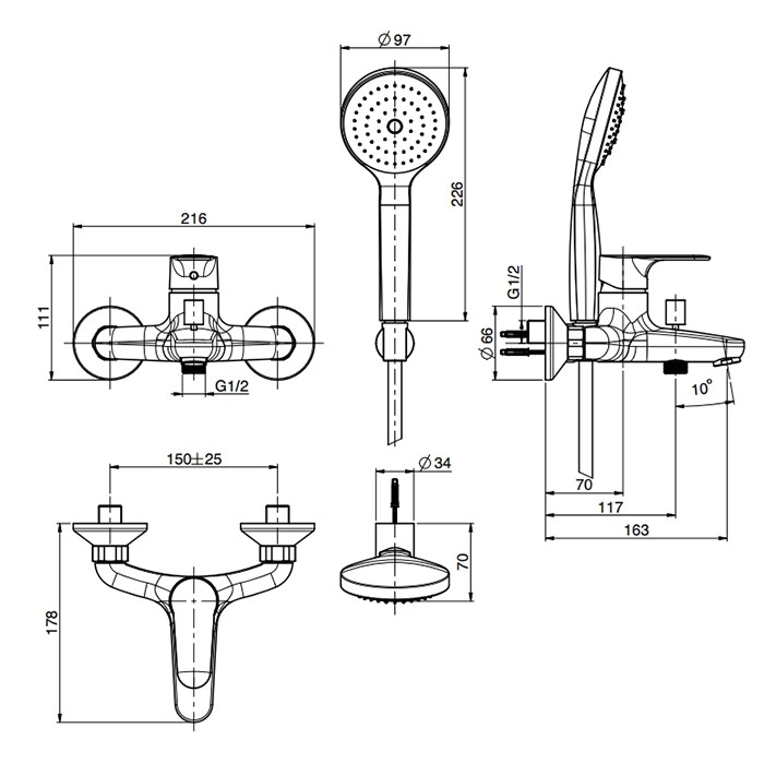 Fima Carlo Frattini Смеситель для ванны, настенный, с ручным душем, Serie 22, F3834NS цвет: черный