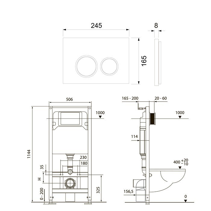 Комплект 4 в 1 застенный модуль,панель смыва с прямоугольными кнопками, черный матовый с хромированным контуром, spring TECE арт. S955202