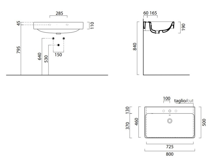 Подвесная раковина 80х50х19 см, с переливом, 1 отверстие под смеситель, санфарфор, Sand GSI арт. 9022111