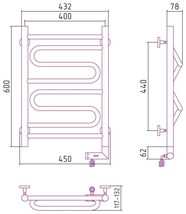 Сунержа Электрический полотенцесушитель 1000x300, Элегия 2.0, 00-5219-6040 цвет: без покрытия