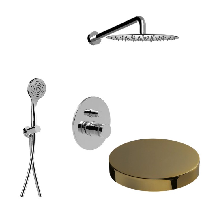 Встраиваемый комплект для душа со смесителем на 2 режима, дивертер-кнопка, ручной душ, кронтштейн, верхний душ d25, Giulini My ring, золото арт. MR0079EPO