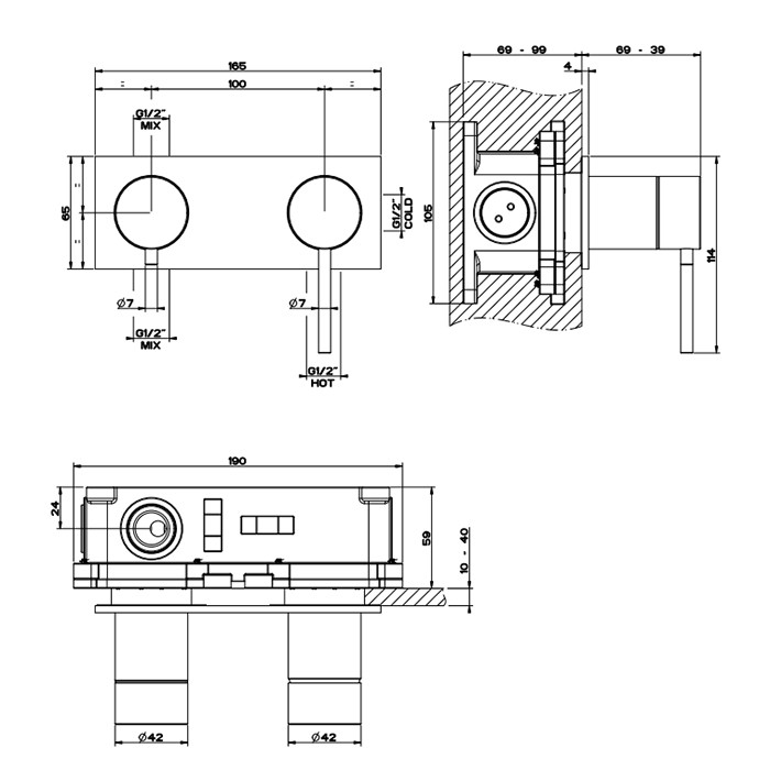 Встраиваемый смеситель, на 2 источника с автоматическим переключателем, Gessi 316, brushed black metal pvd арт. 54079#707