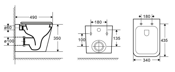Подвесной унитаз 490х345х355 безободковый, квадратный, с системой антивсплеск (торнадо) в комплекте с сидением микролифт, Azario Teramo арт. AZ-0052-UQ