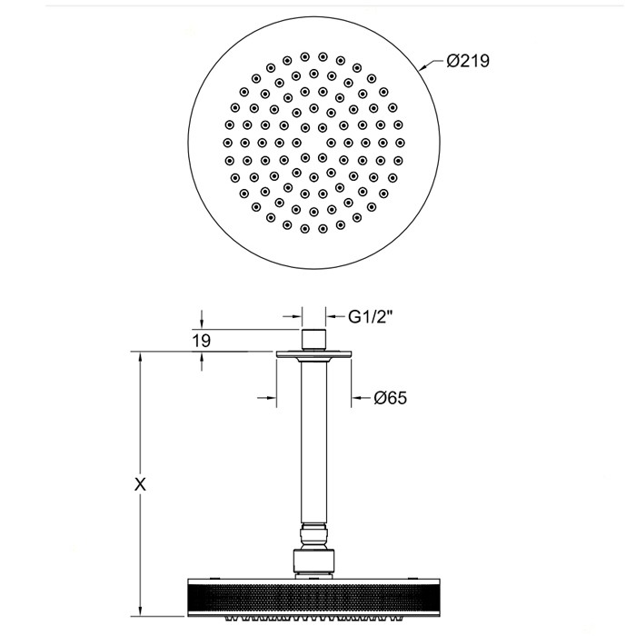 Потолочная душевая головка шарнирная на 1/2", d218 мм, длина изготавливается под заказ (мин. 105, макс. 1855мм), Gessi Inciso, finox арт. 58188#149