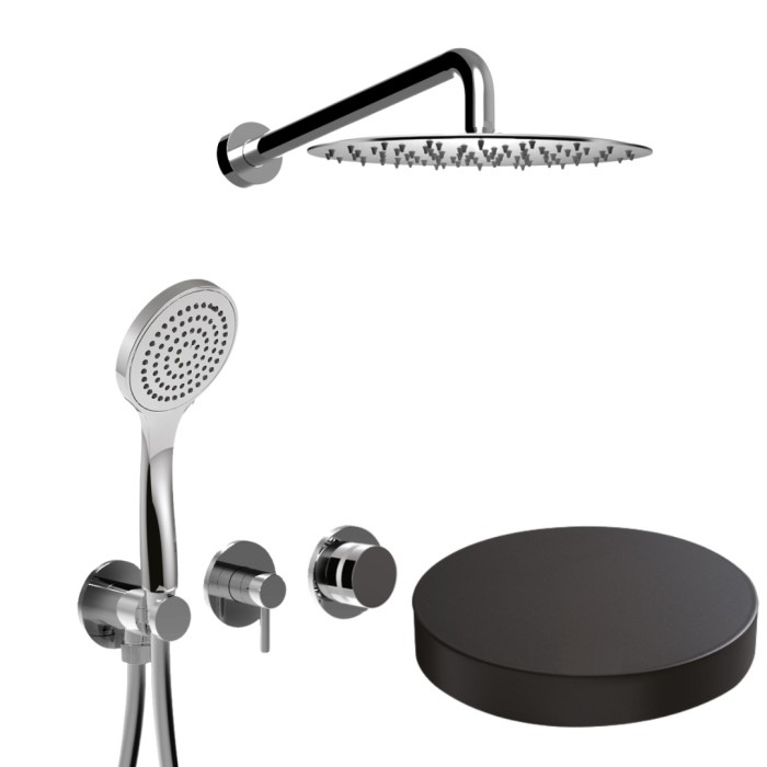 Встраиваемый душевой комплект на 2 режима, однорычажный, с поворотным переключателем, ручной душ, кронштейн, верхний душ d25 см, Giulini My ring, черный матовый арт. MR0086NO