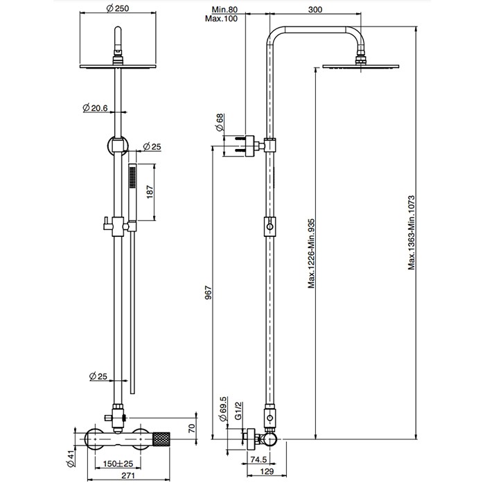 Fima Carlo Frattini Душевая стойка, верхний душ 25см., со смесителем, с держателем и ручным душем, Colonne doccia, F3035T/2XNS цвет: чёрный