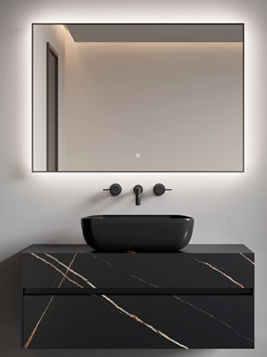 Прямоугольное зеркало, мет. Рама, подсв., Сенсор, антизапотевание, 100x70 black, Boheme - 543-100-B