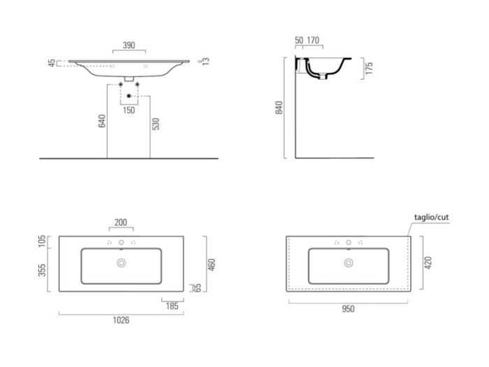 Подвесная раковина 102,6х46х17,5 см, санфаянс, Pura GSI арт. 8833111