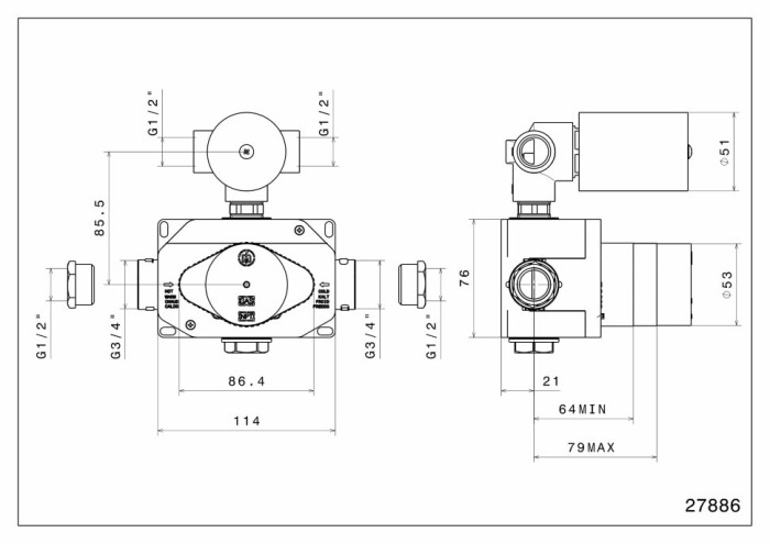 Универсальная внутренняя часть для термостатического смесителя на два потока для душа, Ole Kerama Marazzi, бронза - 27886KM.00.000