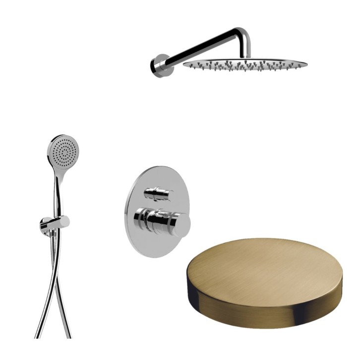 Встраиваемый комплект для душа со смесителем на 2 режима, дивертер-кнопка, ручной душ, кронтштейн, верхний душ d25, Giulini My ring, золото брашированное арт. MR0079EPOSP