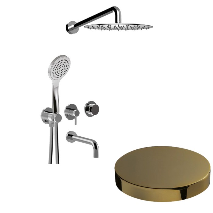 Bстраиваемый душевой комплект на 3 режима, однорычажный, с поворотным переключателем, ручной душ, излив, кронштейн, верхний душ d25 см, Giulini My ring deluxe, золото арт. MR0093DLEPO