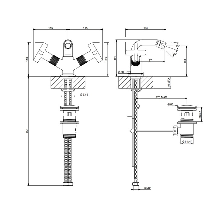 Смеситель для биде, двухвентильный, с донным клапаном на 1 1/4", соединительные шланги на 3/8", Gessi Inciso, black xl арт. 58127#299