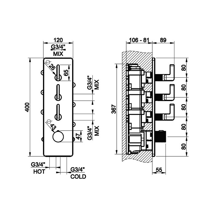 Смеситель для душа, встраиваемый, термостатический, резьба 3/4", Gessi Inciso, золото арт. 58206#246