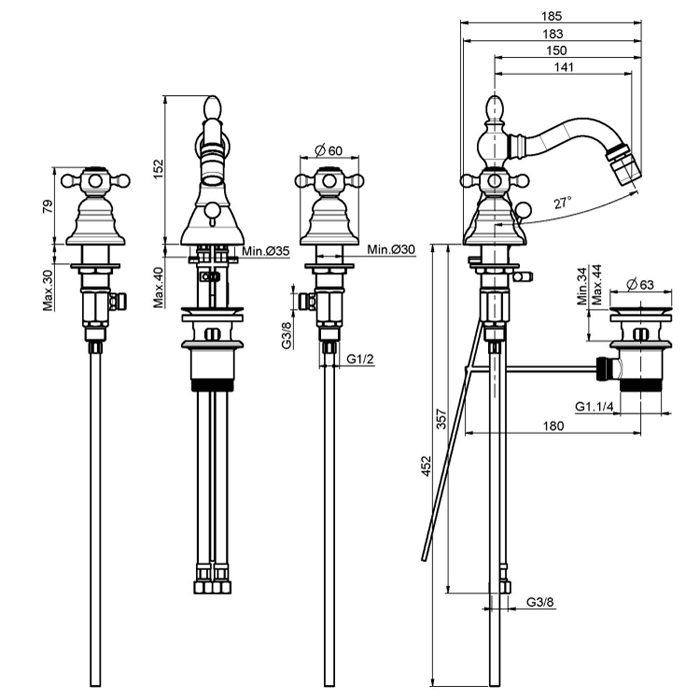 Fima Carlo Frattini Смеситель на биде на три отверстия, Elizabeth, F5082BR цвет: бронза