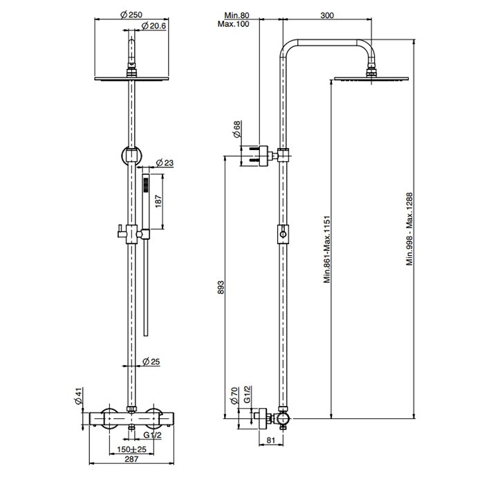 Fima Carlo Frattini Душевая стойка, верхний душ 25см., с термостатическим смесителем, держателем и ручным душем, Colonne doccia, F4285/R256OR цвет: золото