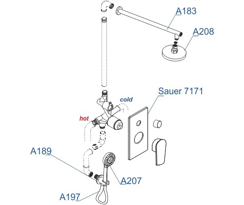 Встраиваемый комплект для душа с верхней душевой насадкой и лейкой Sauer 7100 WasserKRAFT арт. A71207