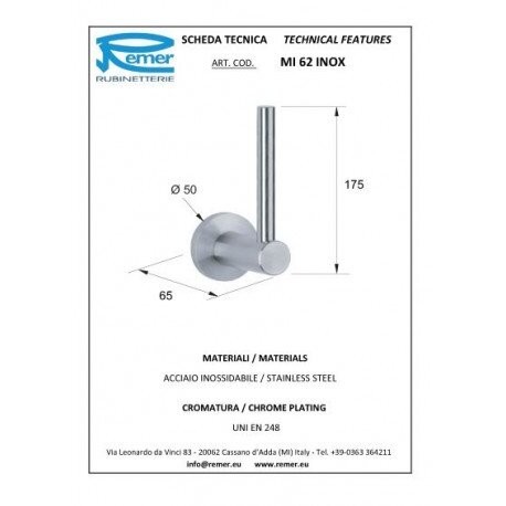 Бумагодержатель матовый, Remer Minimal INOX, Mi62INOXCR