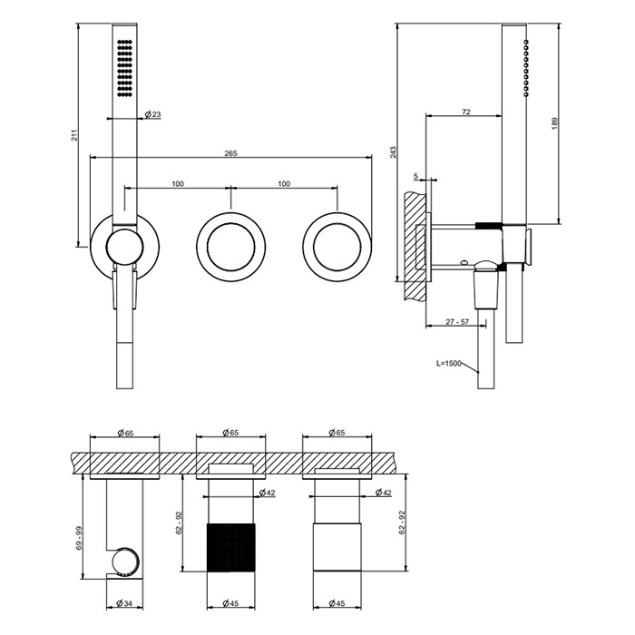 Смеситель для душа, настенный, с переключателем на 2 положения, с ручным душем, Gessi Habito Diamantao, хром арт. 70638#031