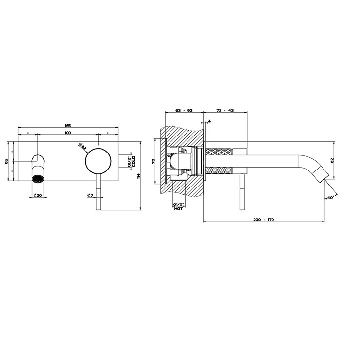 Встраиваемый смеситель для раковины с изливом 200-170мм, Gessi 316, brushed black metal pvd арт. 54190#707
