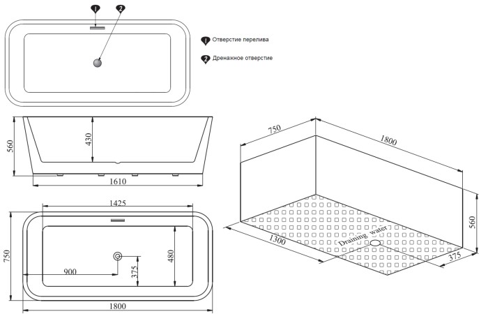 Акриловая ванна 1800х750х560 отдельностоящая, Azario Walesa арт. AZ-M702
