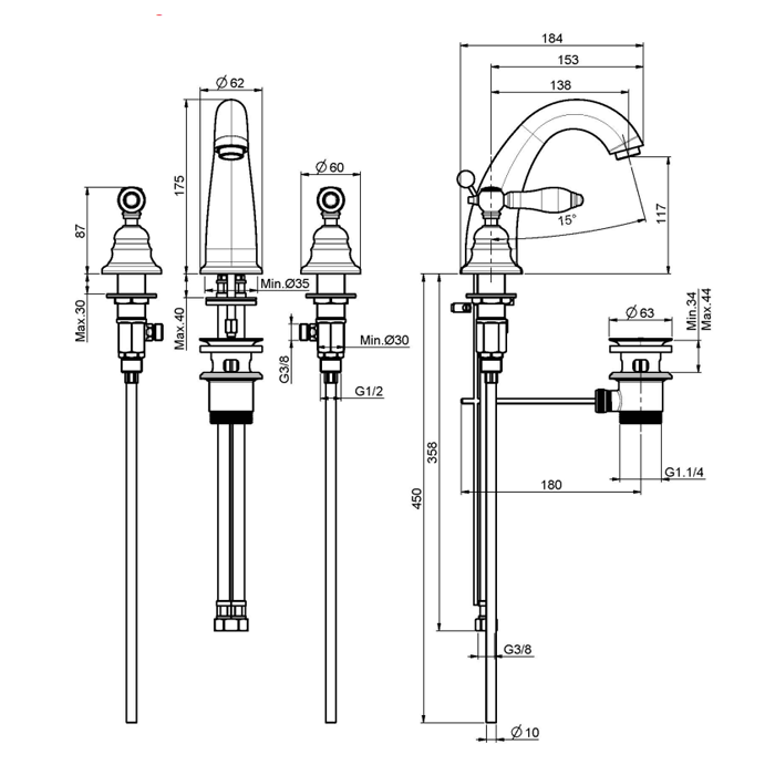 Fima Carlo Frattini Смеситель на раковину на три отверстия, Herend, F5421BR цвет: бронза
