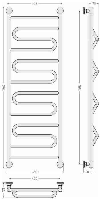 Сунержа Водяной полотенцесушитель 1200x400, Элегия+, 00-0205-1240 цвет: без покрытия