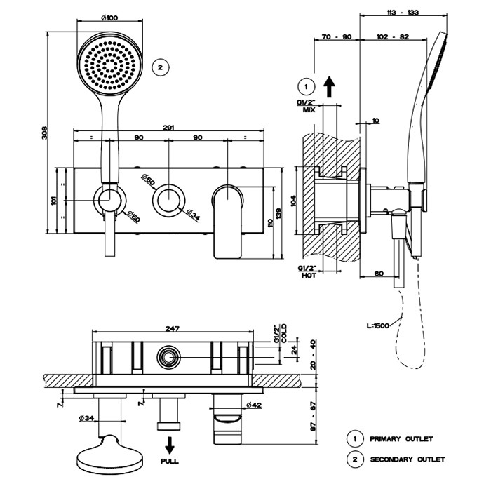 Встраиваемый смеситель для ванны на 2 источника, с душевой лейкой и переключателем, Gessi Rilievo, nero xl арт. 59141#299