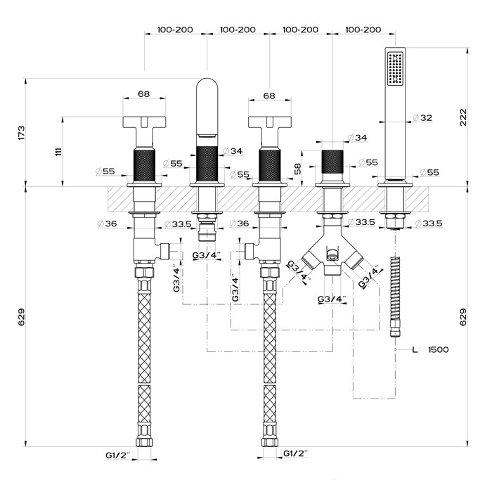 Смеситель для ванны на 5 отверстий с изливом, переключателем, ручным душем и шлангом 1,50 м., Gessi Inciso, black xl арт. 58140#299