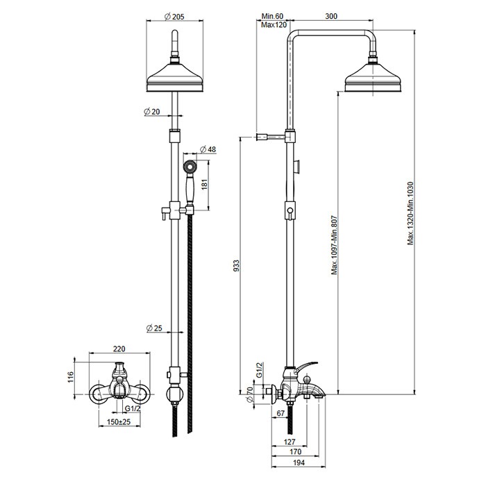 Fima Carlo Frattini Смеситель с душевой стойкой, верхним душем и душевым комплектом, Lamp, F3304/2CR цвет: хром
