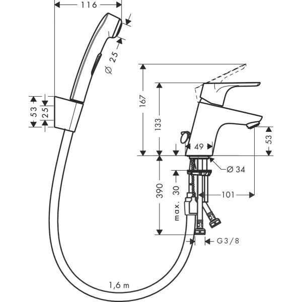Смеситель для раковины без сливного гарнитура, с гигиеническим душем, Hansgrohe Focus, хром арт. 31926000