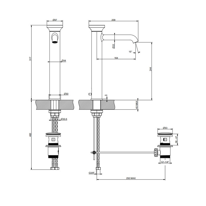 Смеситель для раковины высокий с донным клапаном, Gessi Origini, хром арт. 66003#031